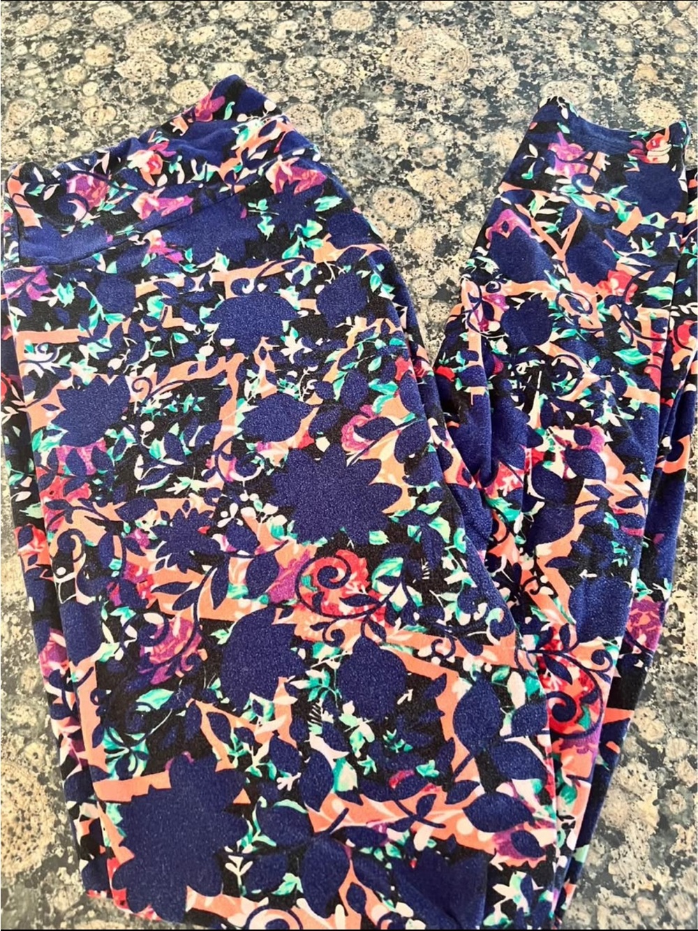 LuLaRoe Navy Floral Print Leggings with Coral, Teal, Purple Accents